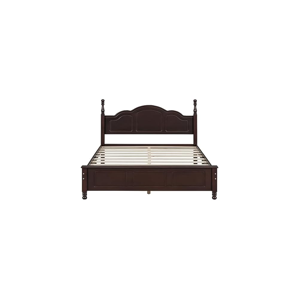 Merax Modern Farmhouse Solid Wood Platform Bed with Headboard Queen Bed Frame with Wood Slat Support Dark Walnut
