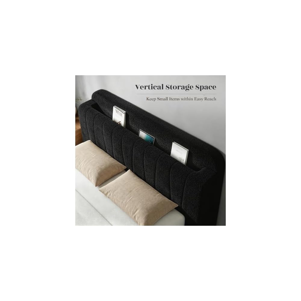 EnHomee Cloud Bed Frame Queen with Storage Headboard & LED Lights, Black