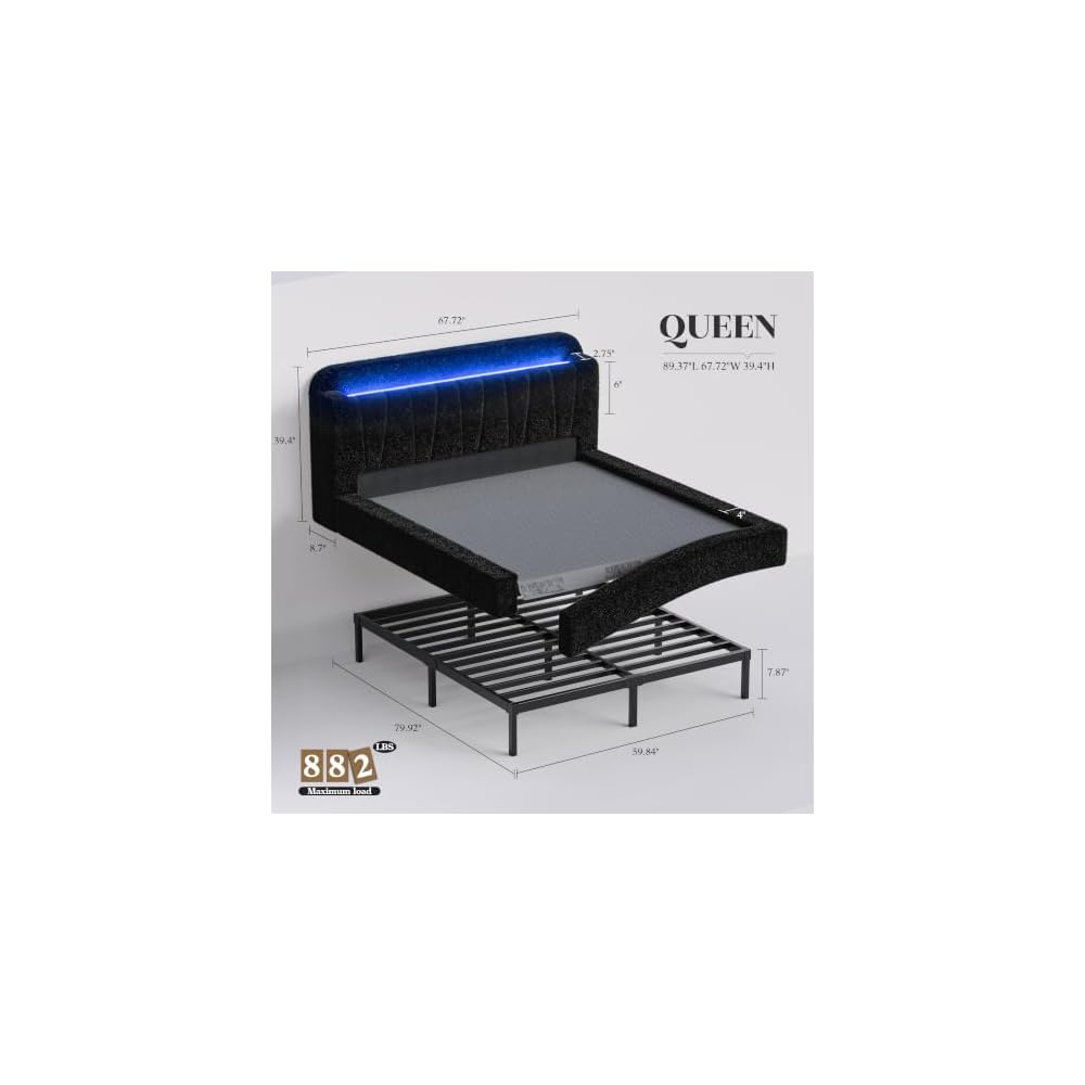 EnHomee Cloud Bed Frame Queen with Storage Headboard & LED Lights, Black