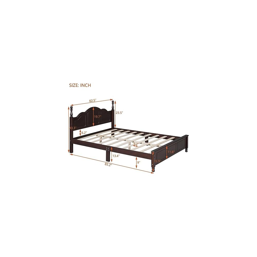 Merax Modern Farmhouse Solid Wood Platform Bed with Headboard Queen Bed Frame with Wood Slat Support Dark Walnut