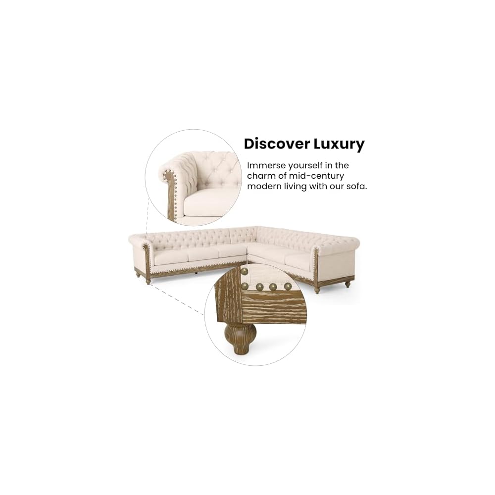 Merax Chesterfield Sofa, Retro Upholstered 6 Seater Rolled Arm Couch for Living Room Bedroom Office, Beige