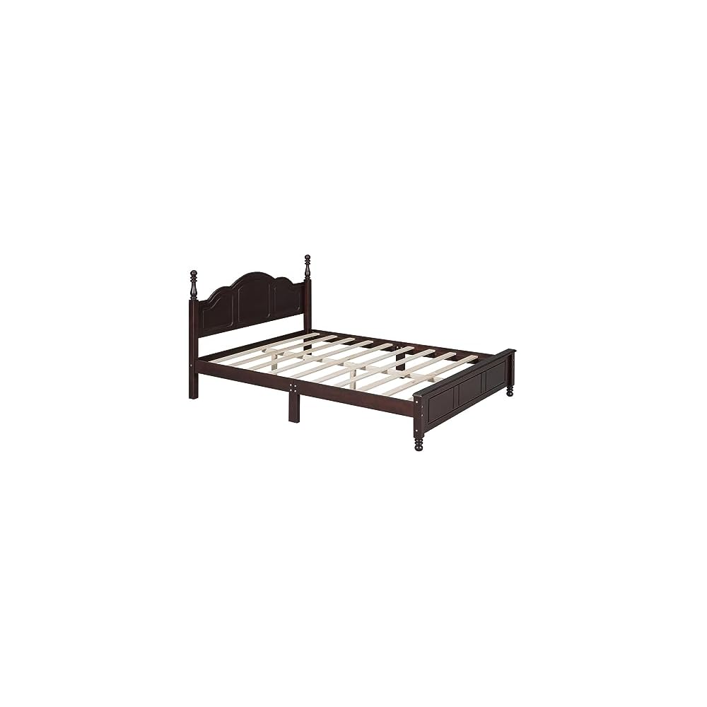 Merax Modern Farmhouse Solid Wood Platform Bed with Headboard Queen Bed Frame with Wood Slat Support Dark Walnut