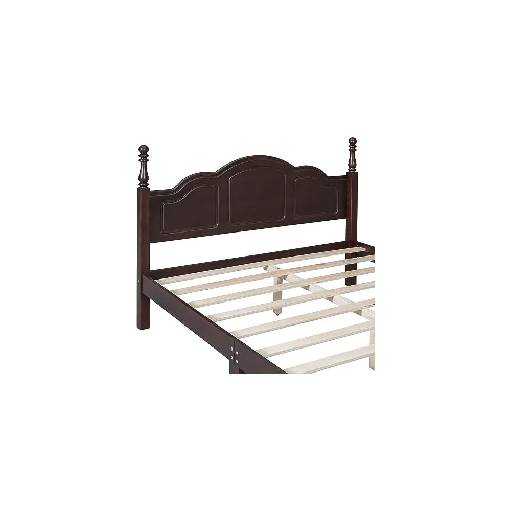 Merax Modern Farmhouse Solid Wood Platform Bed with Headboard Queen Bed Frame with Wood Slat Support Dark Walnut