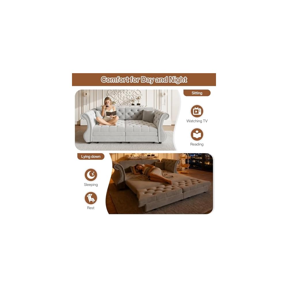 Sleeper Sofa Bed 83.6", Velvet Pull Out Couch, Chesterfield Sofa, Gray