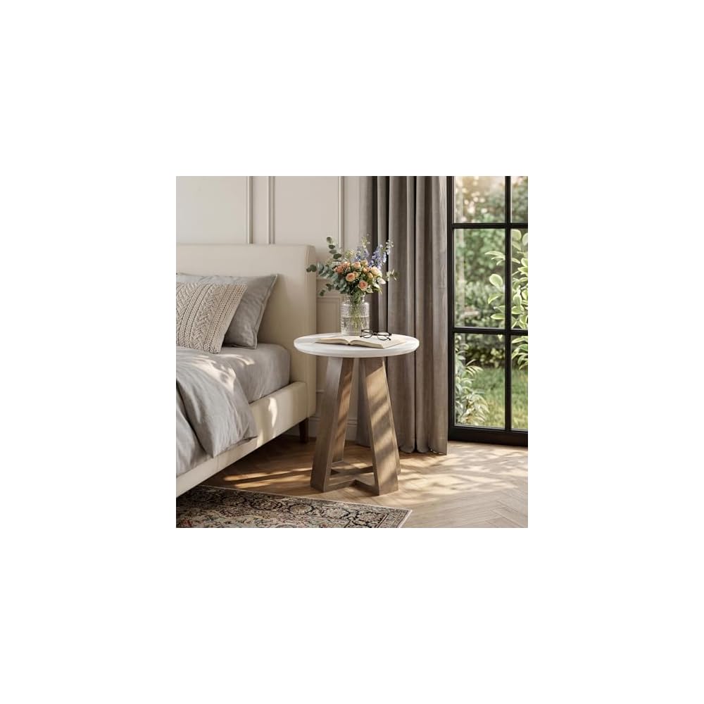 Tribesigns Round Side Table, Small End Table for (1, Brown and White)