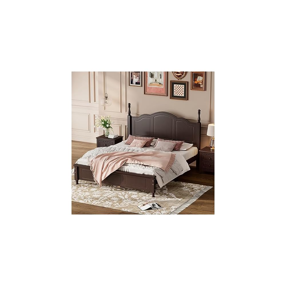 Merax Modern Farmhouse Solid Wood Platform Bed with Headboard Queen Bed Frame with Wood Slat Support Dark Walnut