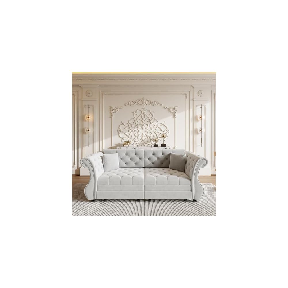 Sleeper Sofa Bed 83.6", Velvet Pull Out Couch, Chesterfield Sofa, Gray