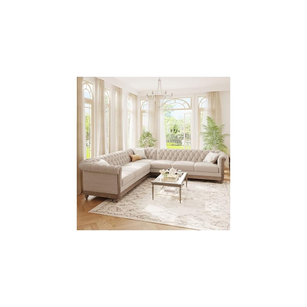 Merax Chesterfield Sofa, Retro Upholstered 6 Seater Rolled Arm Couch for Living Room Bedroom Office, Beige