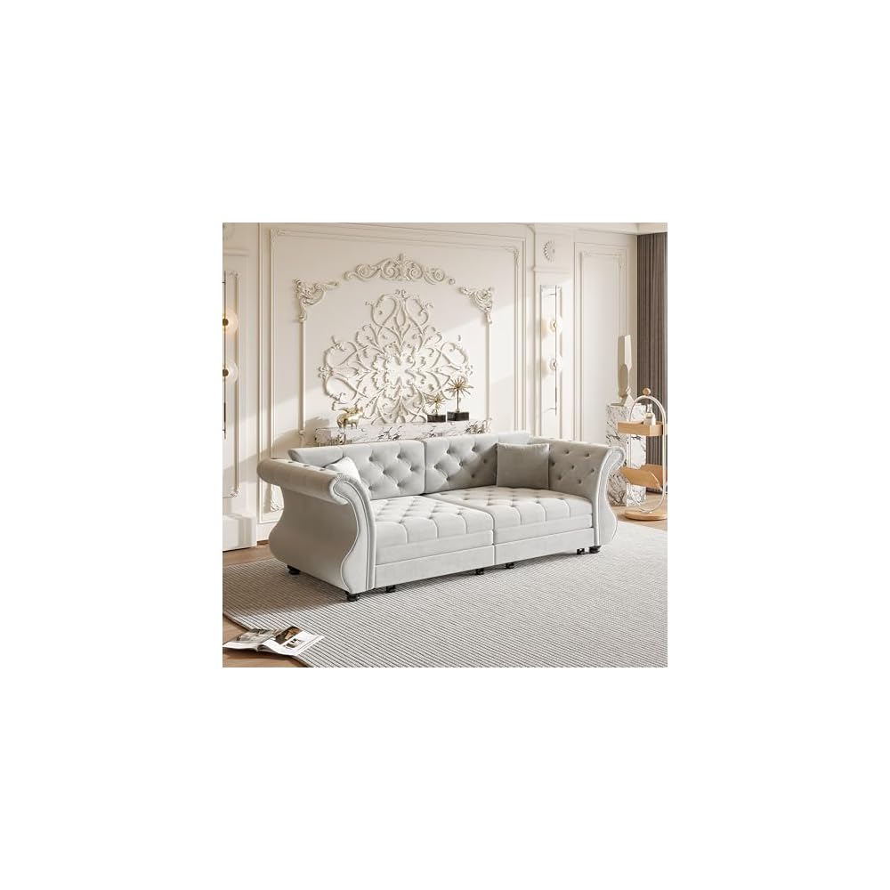 Sleeper Sofa Bed 83.6", Velvet Pull Out Couch, Chesterfield Sofa, Gray