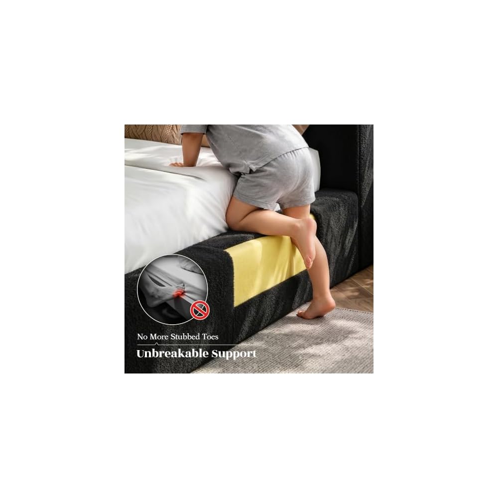EnHomee Cloud Bed Frame Queen with Storage Headboard & LED Lights, Black