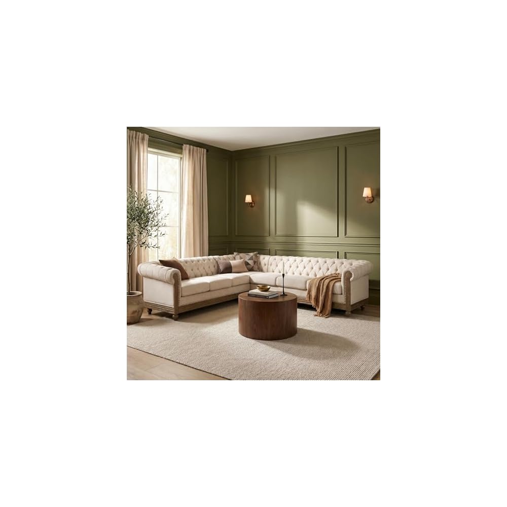 Merax Chesterfield Sofa, Retro Upholstered 6 Seater Rolled Arm Couch for Living Room Bedroom Office, Beige