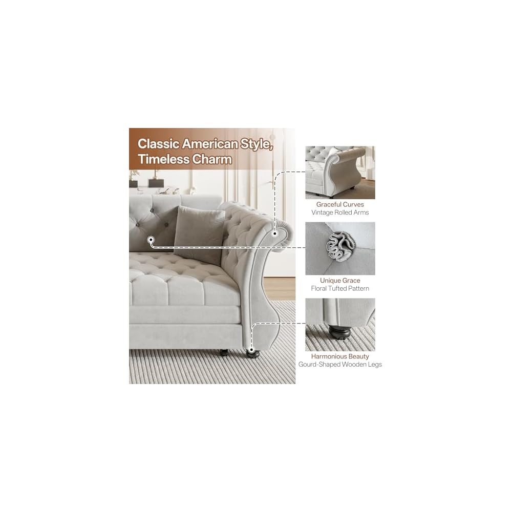 Sleeper Sofa Bed 83.6", Velvet Pull Out Couch, Chesterfield Sofa, Gray