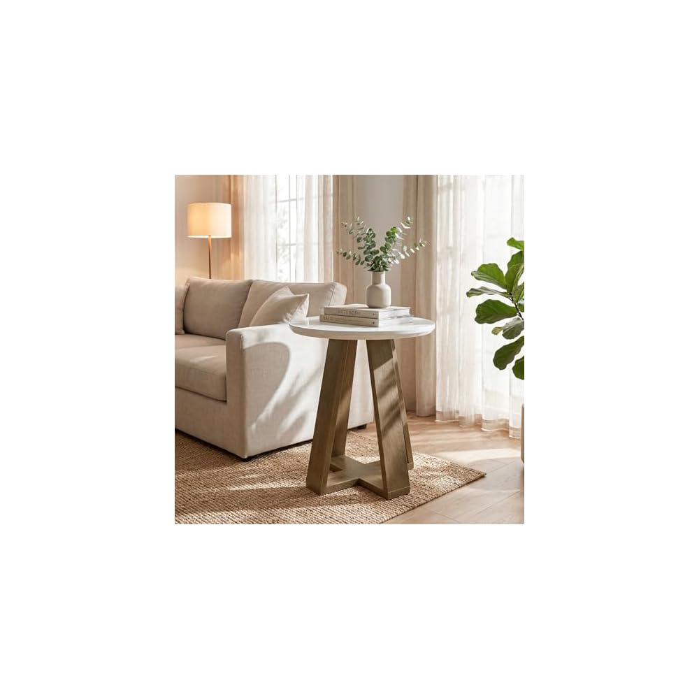 Tribesigns Round Side Table, Small End Table for (1, Brown and White)