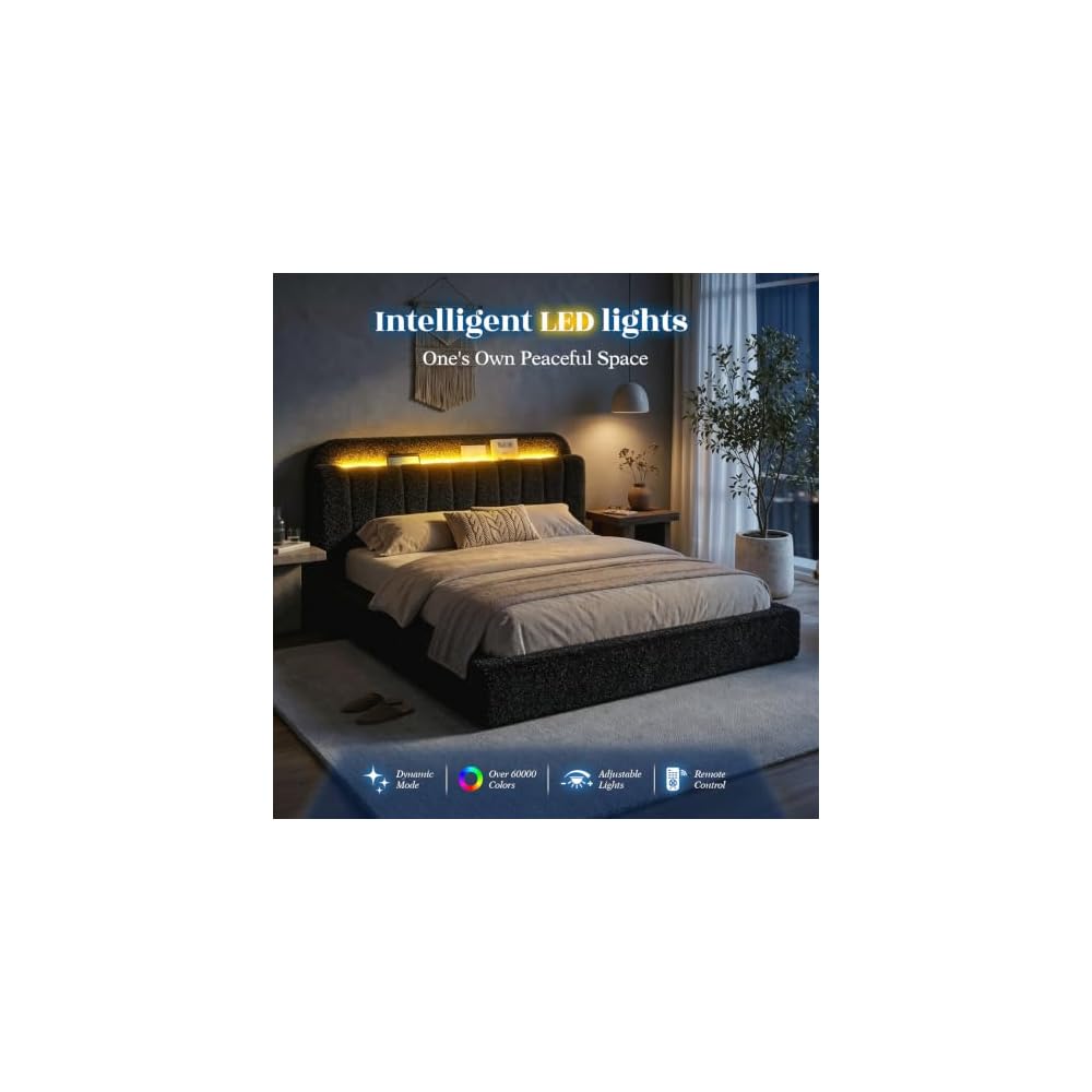 EnHomee Cloud Bed Frame Queen with Storage Headboard & LED Lights, Black