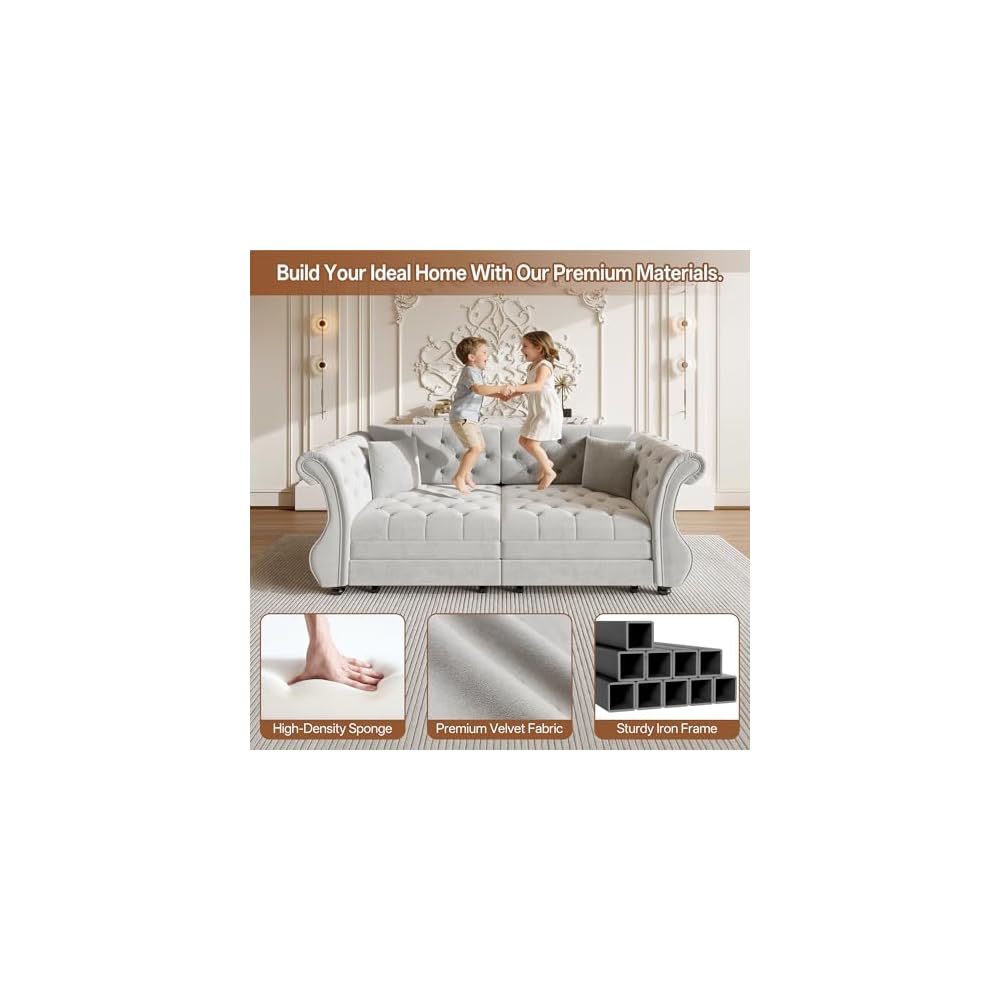 Sleeper Sofa Bed 83.6", Velvet Pull Out Couch, Chesterfield Sofa, Gray