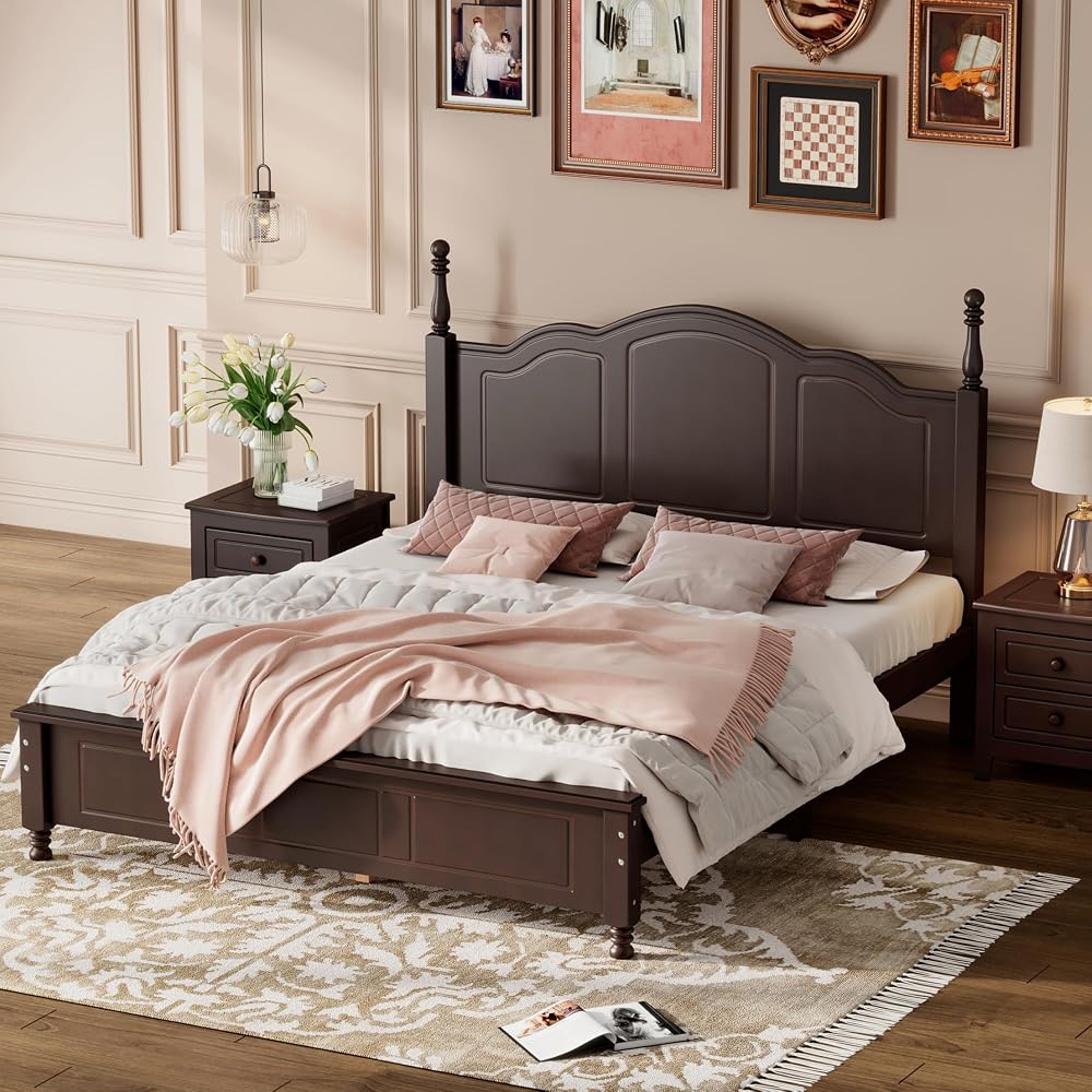 Merax Modern Farmhouse Solid Wood Platform Bed with Headboard Queen Bed Frame with Wood Slat Support Dark Walnut