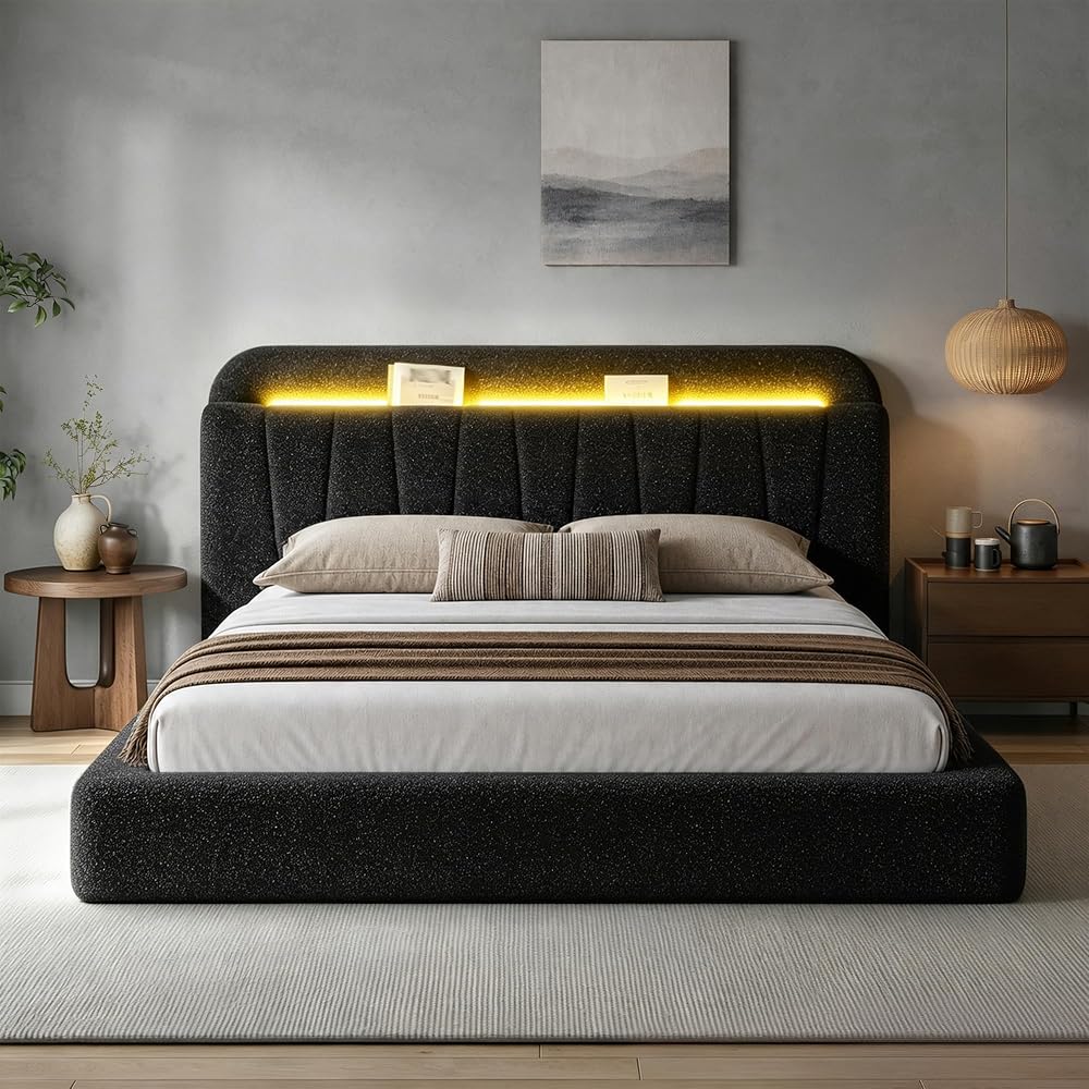 EnHomee Cloud Bed Frame Queen with Storage Headboard & LED Lights, Black