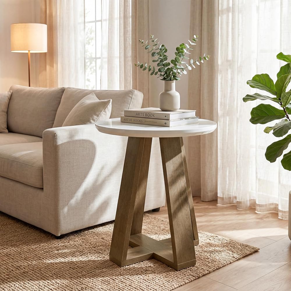 Tribesigns Round Side Table, Small End Table for (1, Brown and White)