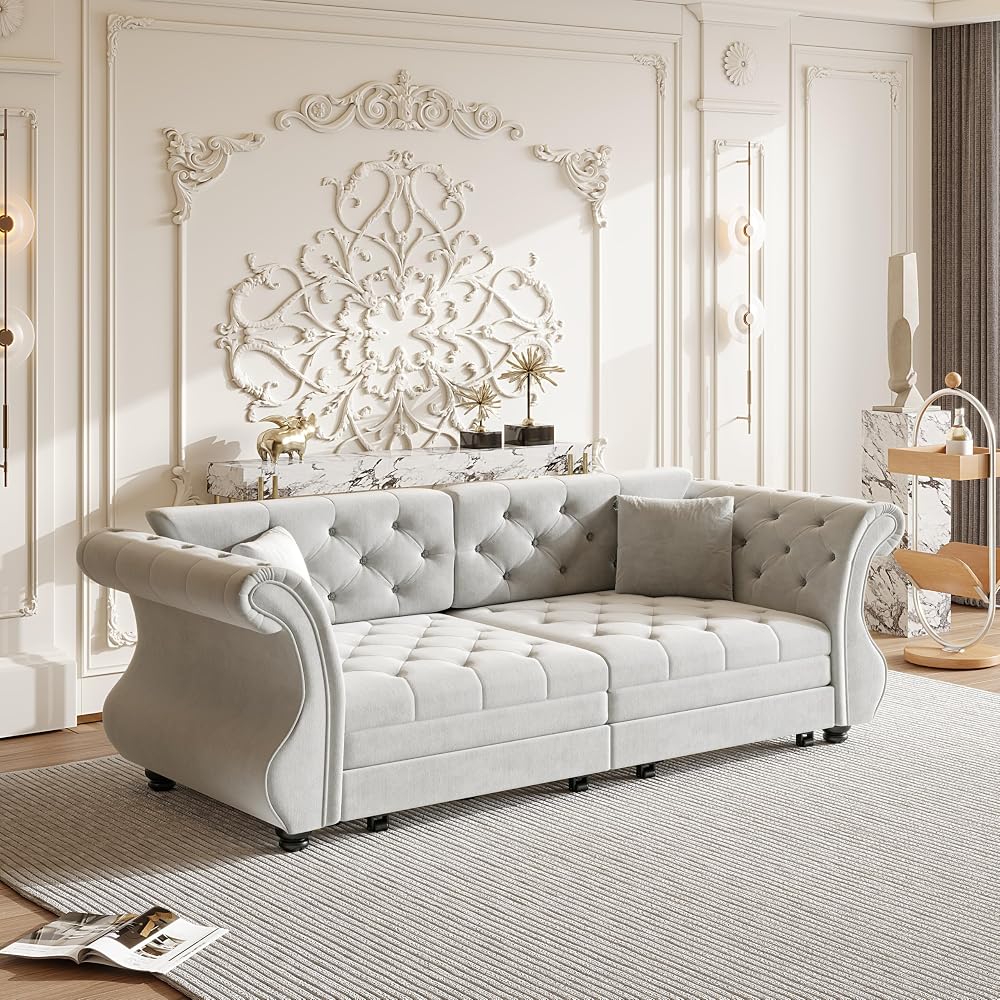 Sleeper Sofa Bed 83.6", Velvet Pull Out Couch, Chesterfield Sofa, Gray